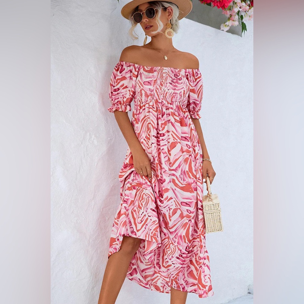 Smocked Print Off The Shoulder Midi Dress